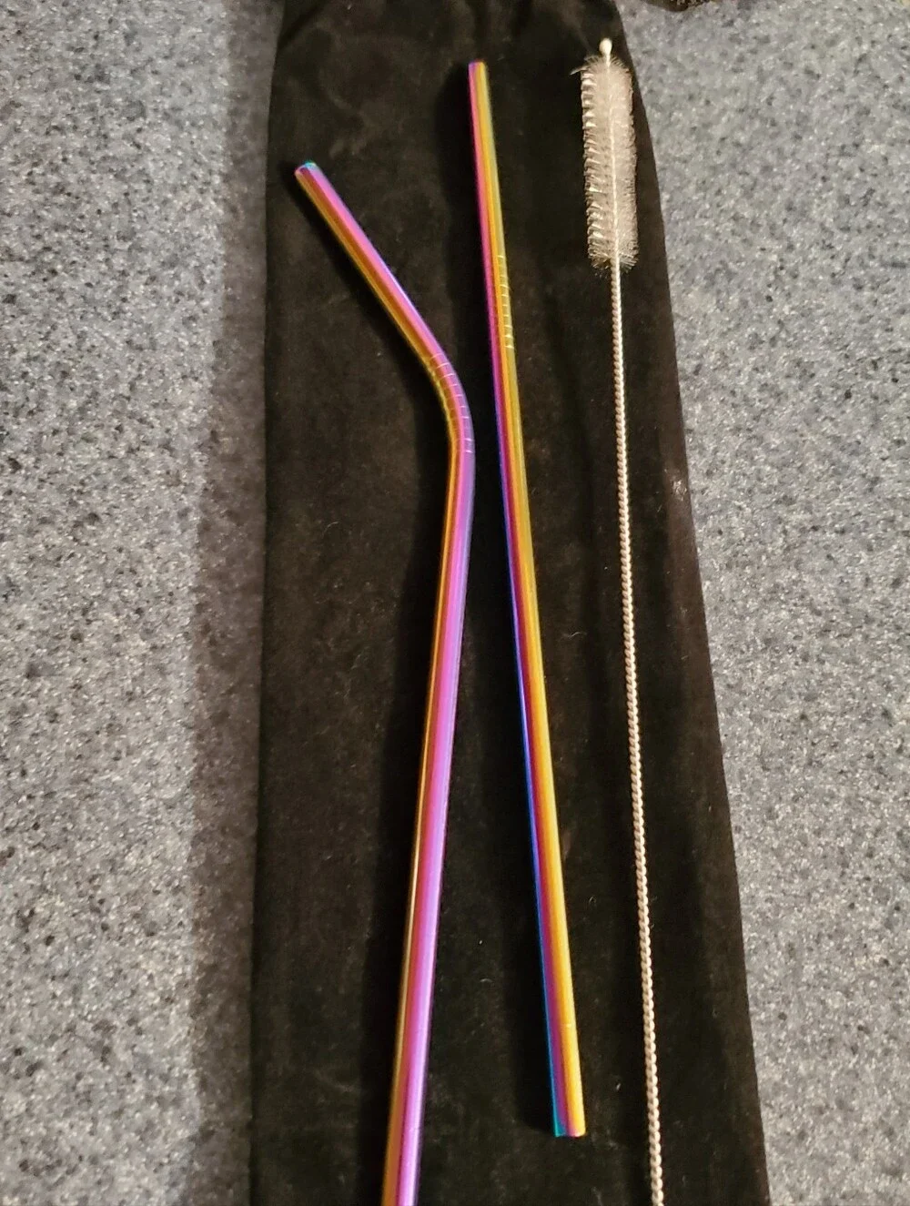 Two‎ Steel Multi Color Straws Cleaning Brush Velvet Carrying Pouch NWOT